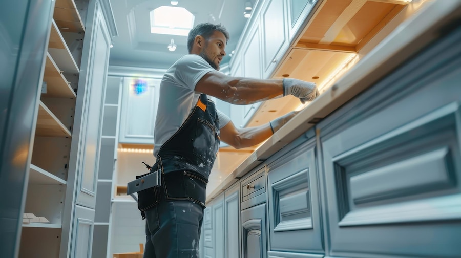 Man installing kitchen cabinet