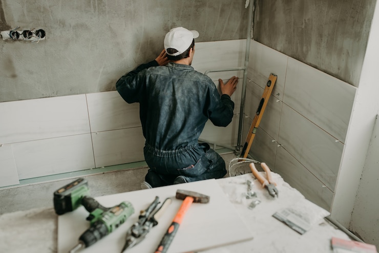 a man working on a bathroom